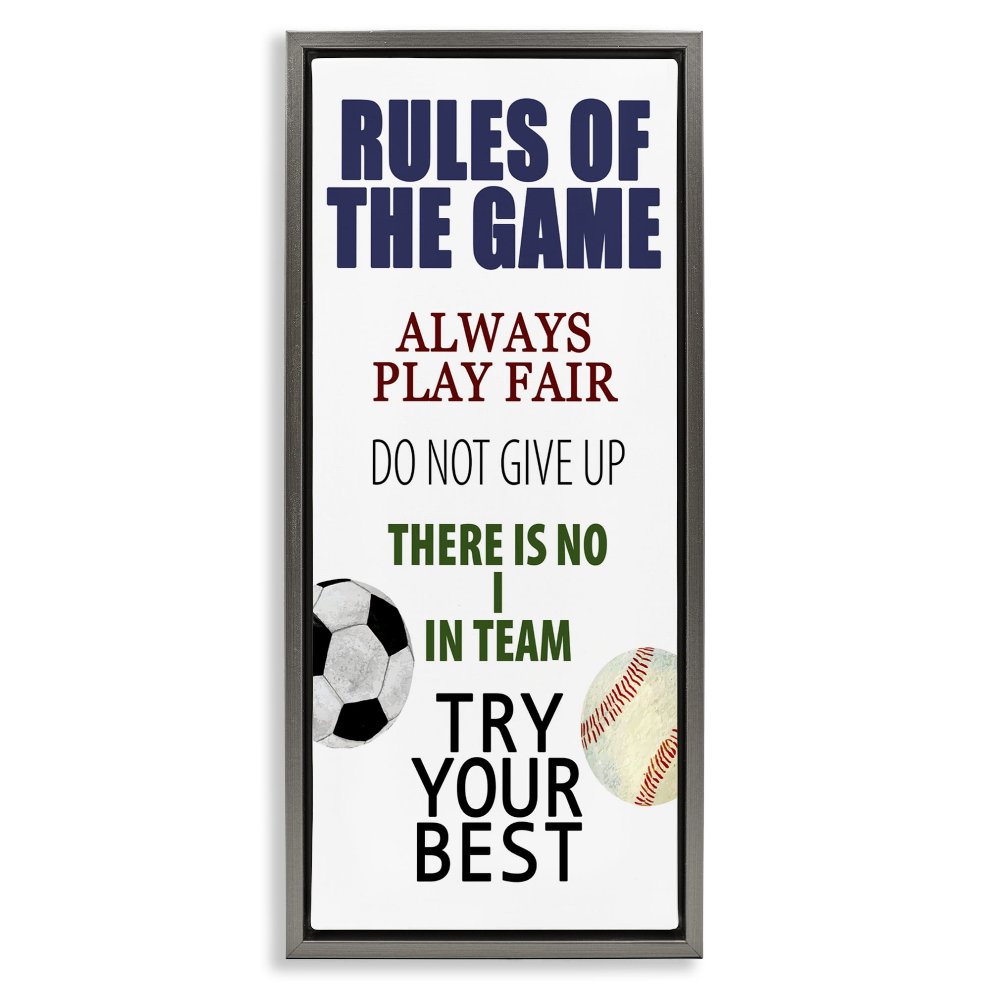 Fun Teamwork Rules of Game Gray Framed Floater Canvas Wall Art, design by Kim Allen