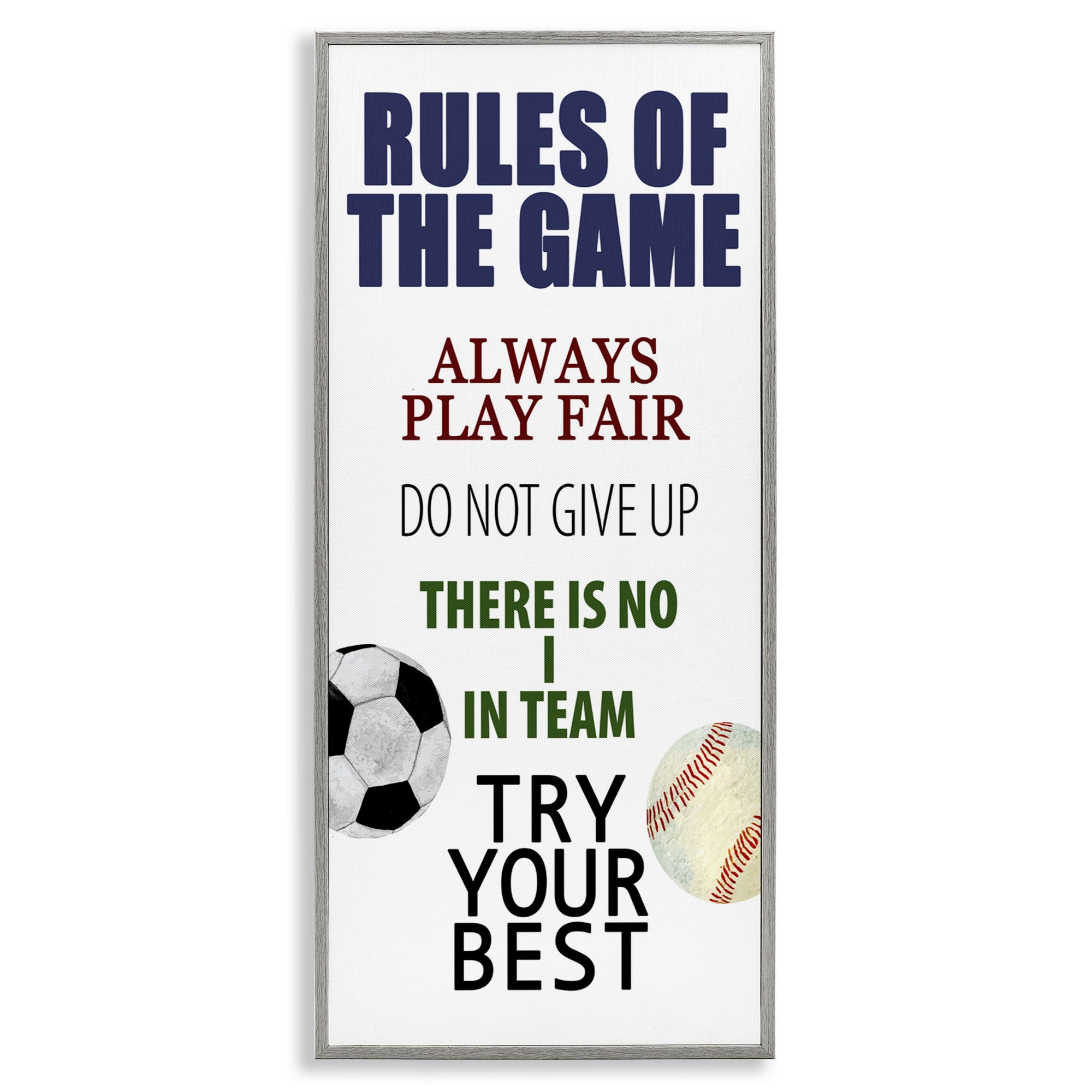 Fun Teamwork Rules of Game Gray Framed Giclee Art, design by Kim Allen