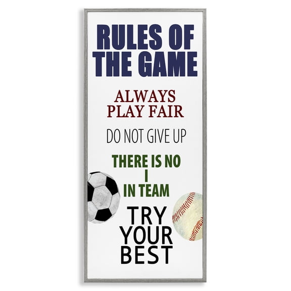 Fun Teamwork Rules of Game Gray Framed Giclee Art, design by Kim Allen