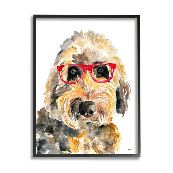 Fun Terrier Dog Red Glasses Animals & Insects Graphic Art Black Framed Art Print Wall Art