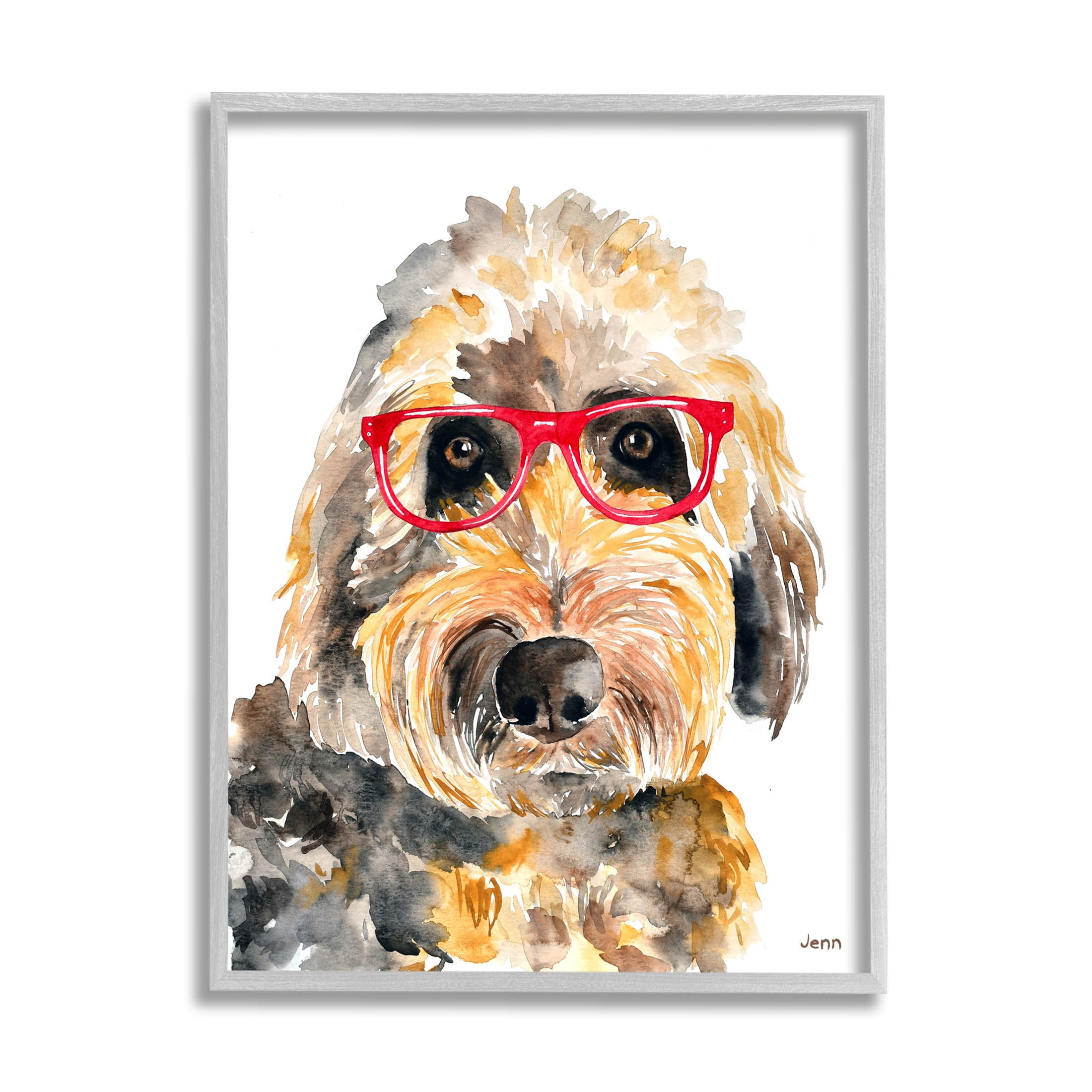 Fun Terrier Dog Red Glasses Animals & Insects Graphic Art Gray Framed Art Print Wall Art