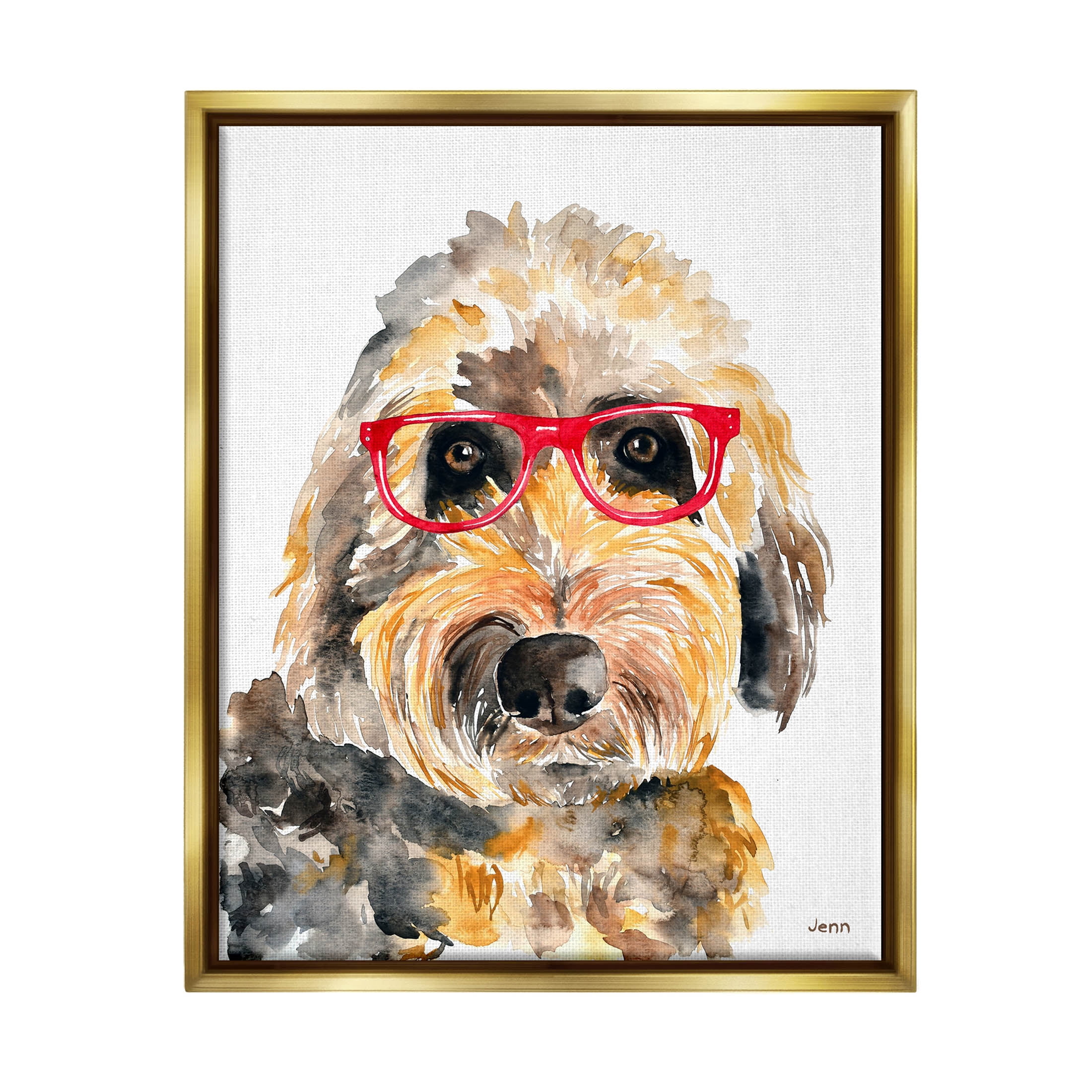 Fun Terrier Dog Red Glasses Animals & Insects Graphic Art Metallic Gold Framed Art Print Wall Art