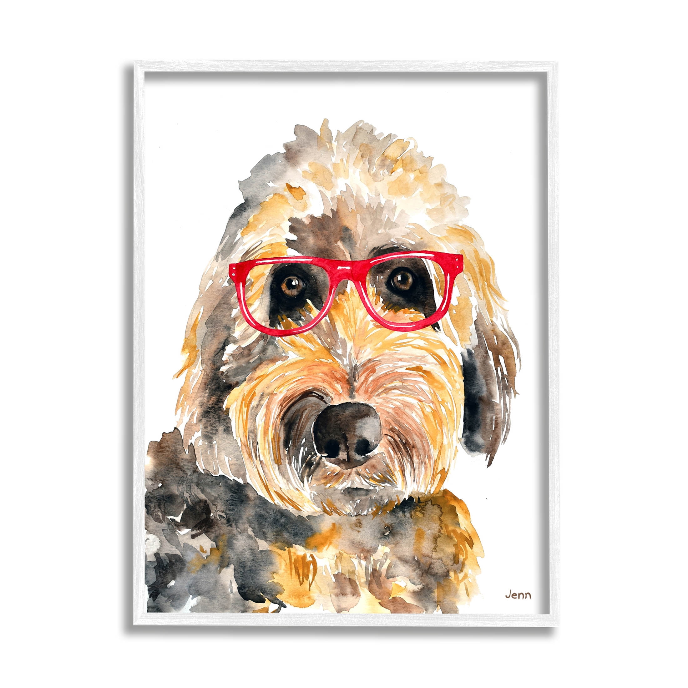 Fun Terrier Dog Red Glasses Animals & Insects Graphic Art White Framed Art Print Wall Art