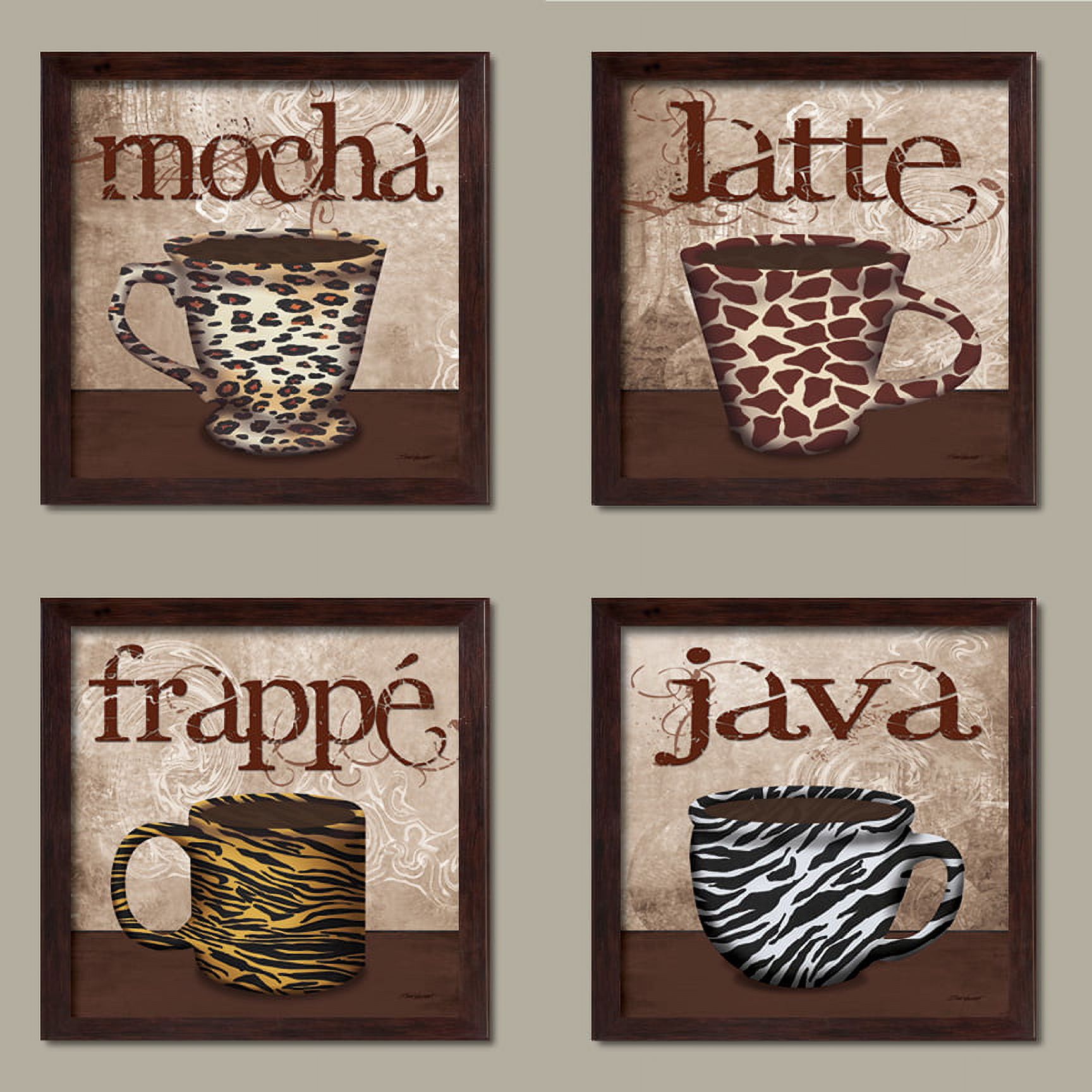 Fun, Trendy Animal Print Mugs; Latte, Frappe, Mocha, and Java Signs; Kitchen Décor; Four 12 by 12-Inch Brown Framed Prints Ready to hang! - image 1 of 1
