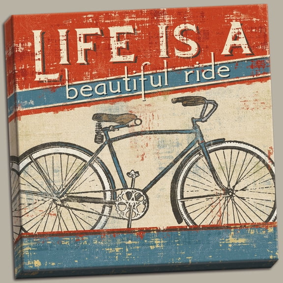 Fun Vintage-Style 'Life Is A Beautiful Ride' Bicycle Print by Pela Studio; One 12x12 Hand-Stretched Canvas