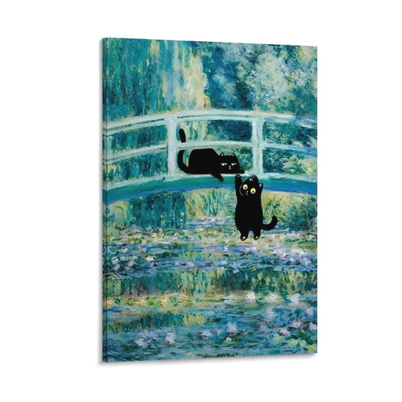 Fun Wall Art Monet Flowers Black Cat Vintage Canvas Painting Picture Print Canvas Poster Wall Paint Art Posters Decor Modern Home Artworks Gift 24x36inch(60x90cm)