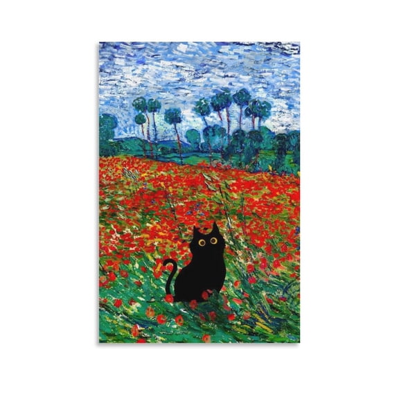 Fun Wall Art Van Gogh Flower Field Black Cat Floral Canvas Painting Wall Art Poster Scroll Canvas Painting Picture Living Room Decor Home 12x18inch(30x45cm)