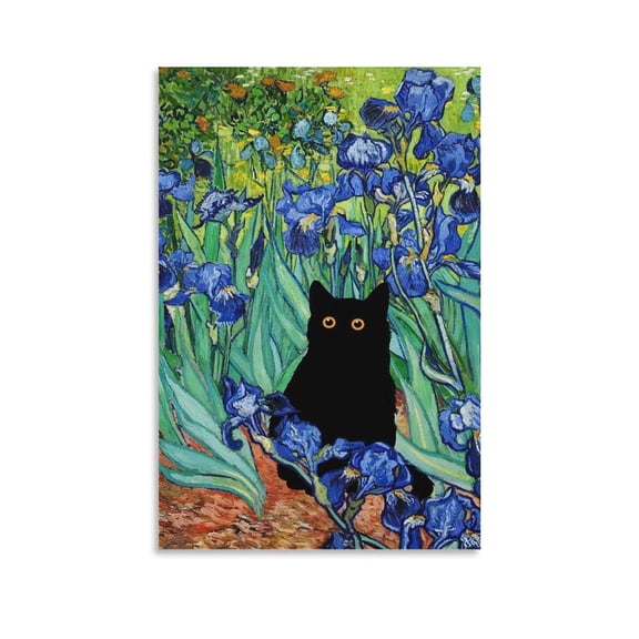 Fun Wall Art Van Gogh Iris Flowers Black Cat Canvas Painting Bathroom Decor Gifts Canvas Painting Poster Wall Art Decorative Picture Prints Modern Decor 20x30inch(50x75cm)