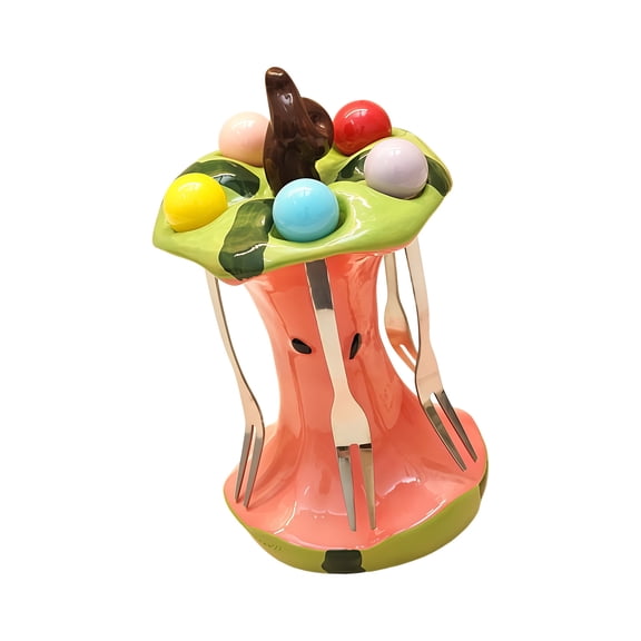 Fun Watermelon Look Ceramic Serving Platter With 5 Matching Forks Ideal For Entertaining