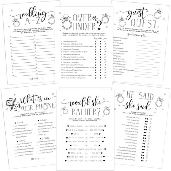 Fun Wedding Bridal Shower Games, Minimalist Black and White Games for Bridal Shower, Fun & Interactive Ice Breaker Game Bundle, 6 Games Included