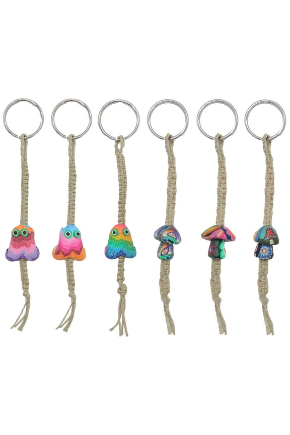 Fun-Weevz Set of 6 Y2K Polymer Clay Mushroom and Braided Hemp Keychains