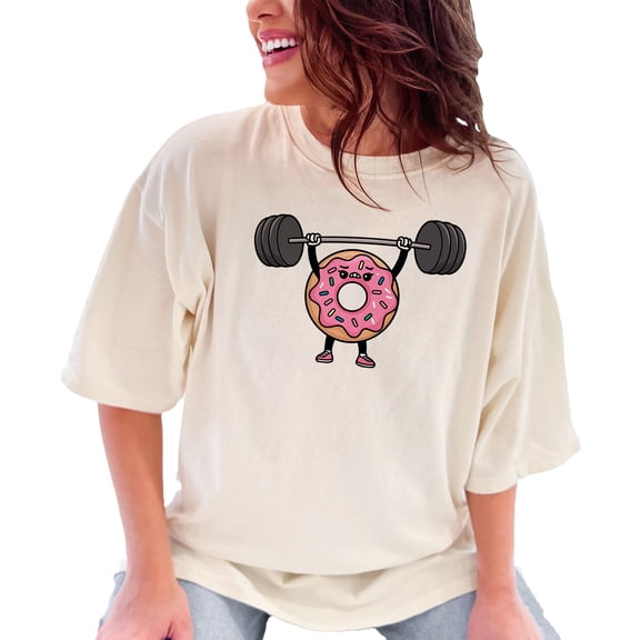 Fun Workout Donut T-Shirt, Cute Fitness Donut Graphic Tee, Weightlifting Donut Character T-Shirt, Funny Gym Shirt, Cute Gym Gift Idea, Ivory Comfort Colors T-Shirt, Medium