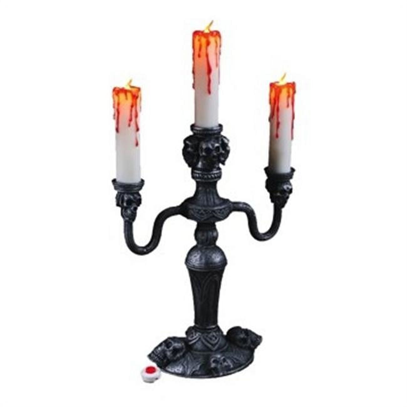 14 Inch Black LED Skull Candelabra with Dripping Red Candles