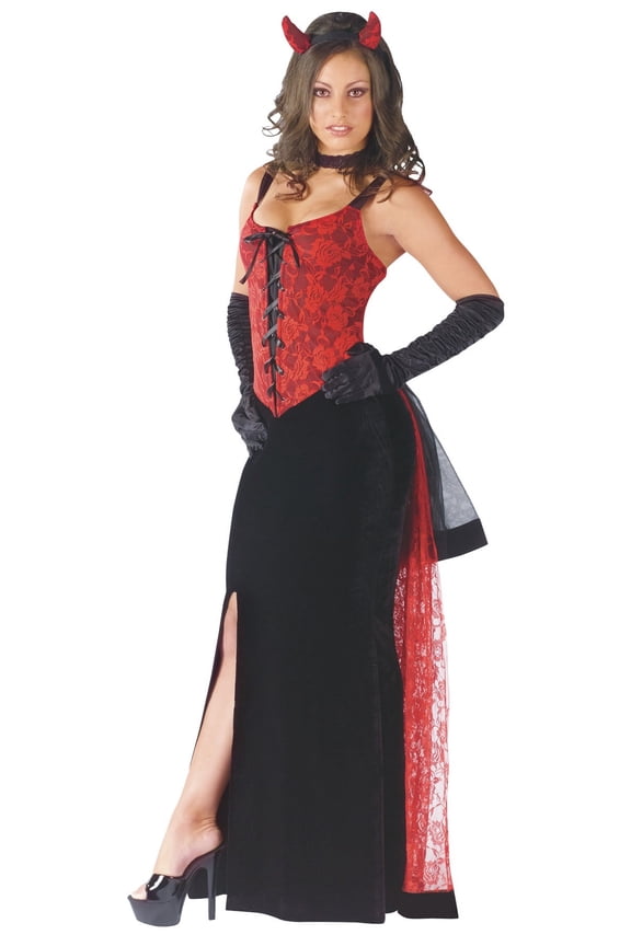 Devil Costume with Velvet Bustier Gown and Horn Headband for Adults, Small/Medium 2-8