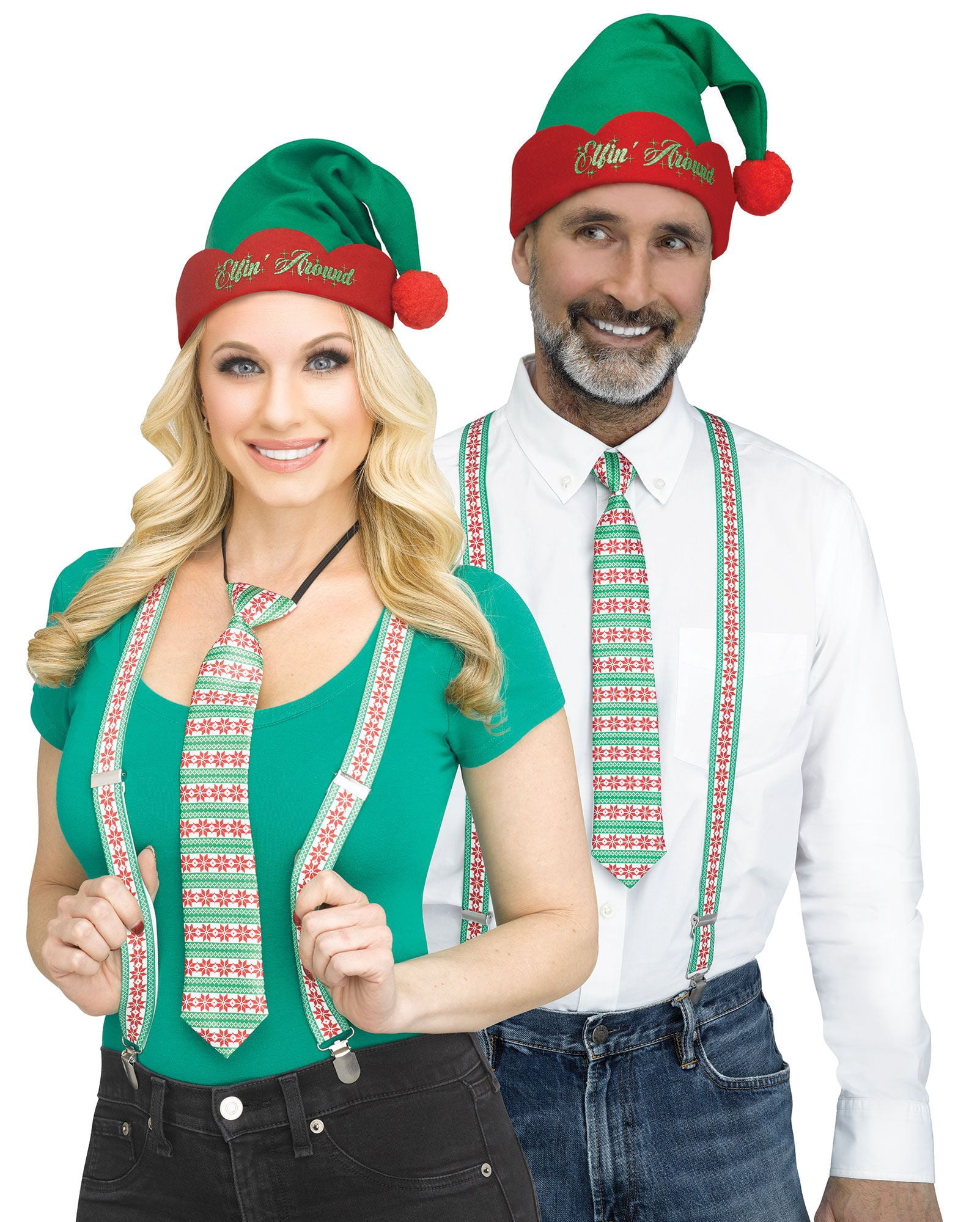 3pc Green and Red Nordic Snowflakes Christmas Suspender Kit - One Size Fits Most