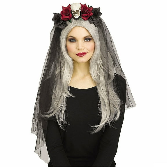 Fun World FW93161S Adults Skull & Roses Horror Bridal Veil Headband - One Size