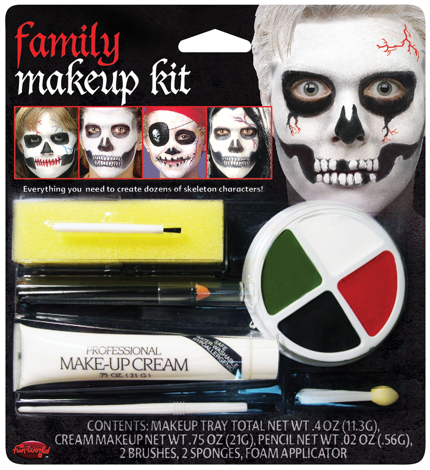 Fun World Family Skeleton Skulls Halloween Makeup Kit, 7pc, White Black