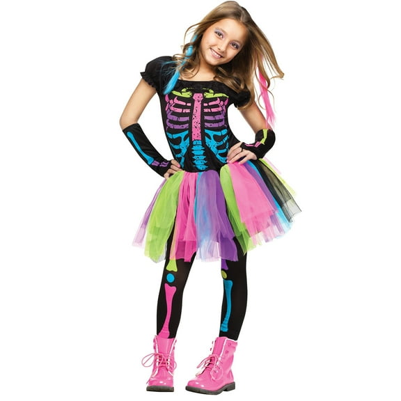 Fun World Funky Punky Bones Skeleton Girl's Halloween Fancy-Dress Costume, for Child Regular M (8-10)