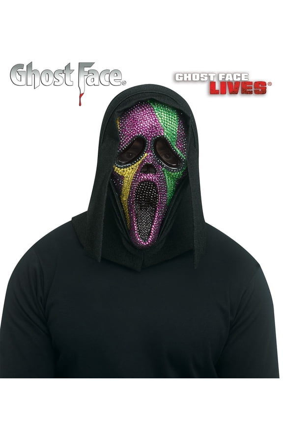 Ghost Face Scream Mask with Mardi Gras Bling - Purple, Green, Gold Rhinestones, Black Sparkle Shroud - Officially Licensed Fun World Mask