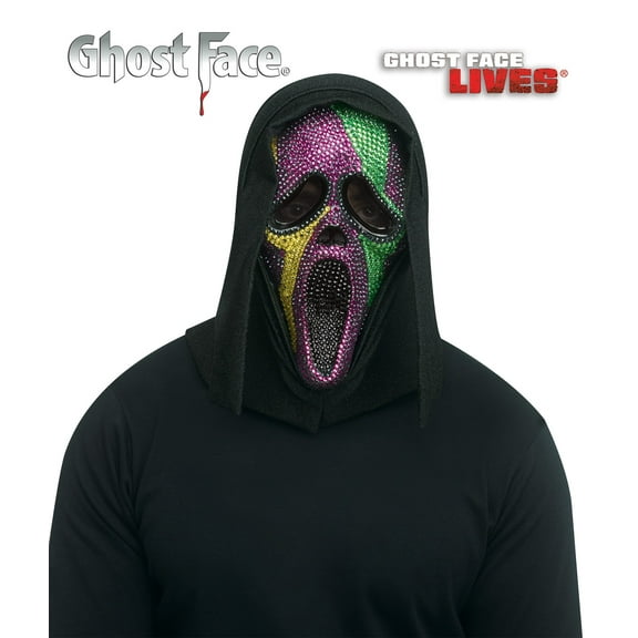 Fun World Ghost Face Mardi Gras Bling Full Mask- Officially Licensed- One Size Fits Most- Purple, Green and Gold Bling with Black Shimmer Shroud