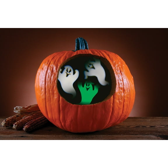 Fun World Ghost Pumpkin Projector 3.5" Halloween Pumpkin Carving Accessory, Green White
