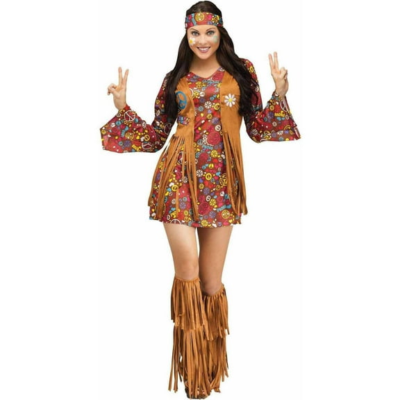 Fun World Adult Female Hippie Halloween Fancy-Dress Costume with Dress and Vest, 10-14