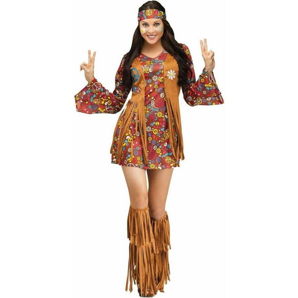 Fun World Adult Female Hippie Halloween Fancy-Dress Costume with Dress and Vest, 10-14
