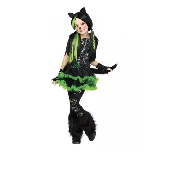 Fun World Kool Kat Halloween Cat Punk 4pc Girl Costume, Black Green, Medium 8-10