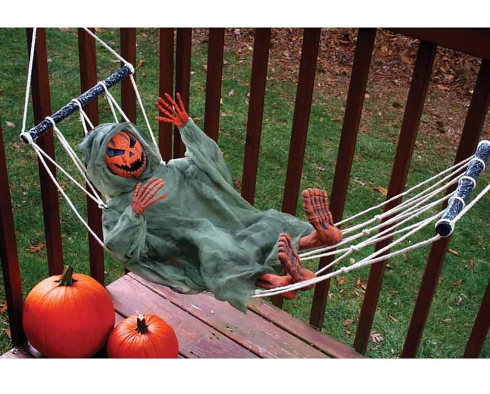 Fun World Lazy Bones Pumpkin in Hammock Halloween Decoration 64" Outdoor Prop, Orange Green