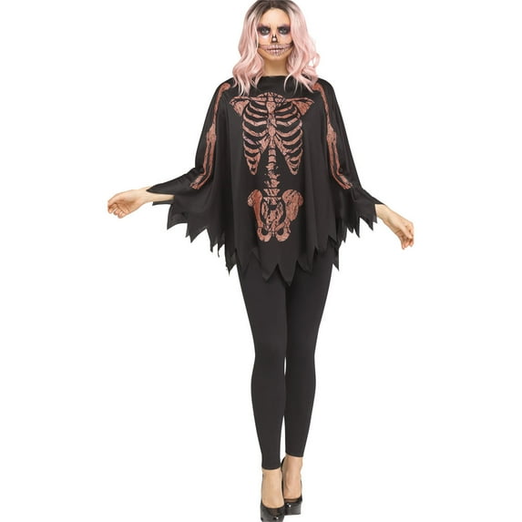 Fun World Rose Gold Glitter Poncho Skeleton Women's Halloween Fancy-Dress Costume for Adult, One Size