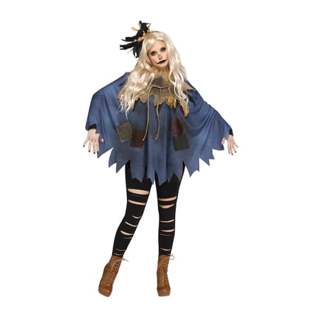 Fun World Womens Fun Faux Demin Scarecrow Poncho Patches Costume Cute Halloween Accessory