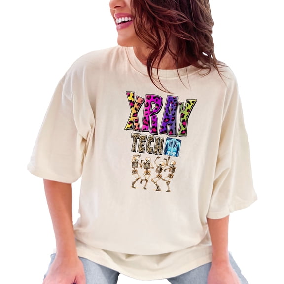 Fun Xray Tech TShirt for Medical Professionals, Colorful Leopard Print Design with Skeletons, Unique Gift for Radiology Staff and Students, Ivory Comfort Colors T-Shirt, Small