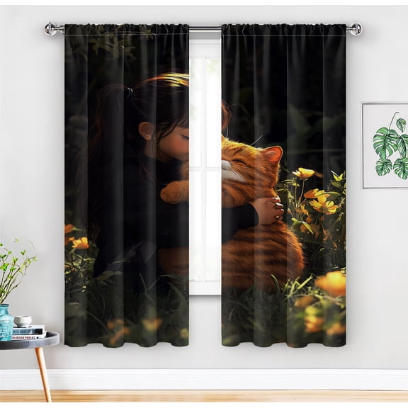 Fun and Playful Blackout Curtains – Little Girl and Garfield's Green Meadow Adventure for Kids' Room and Nursery Décor,A