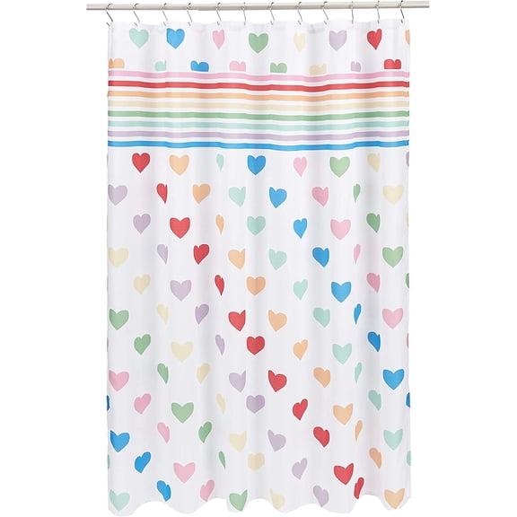 Fun and Playful Rainbow Hearts Printed Pattern Microfiber Bathroom Shower Curtain - Rainbow Hearts, 72 Inch