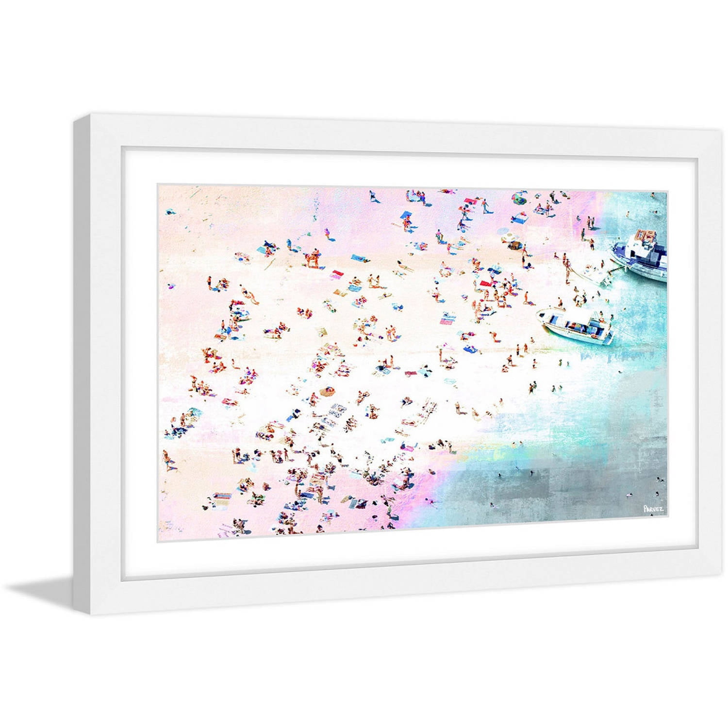 Dusty Teal Feather Print on Canvas with White Frame
