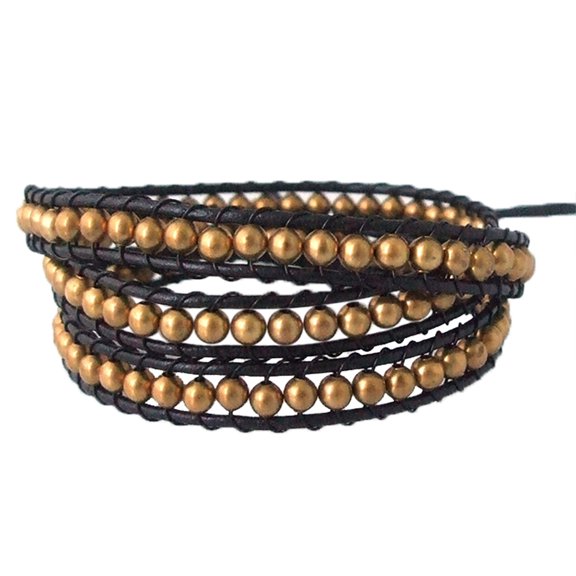 Fun and Trendy Round Brass Beads on Black Genuine Leather Wrap Bracelet for Male and Female Adult