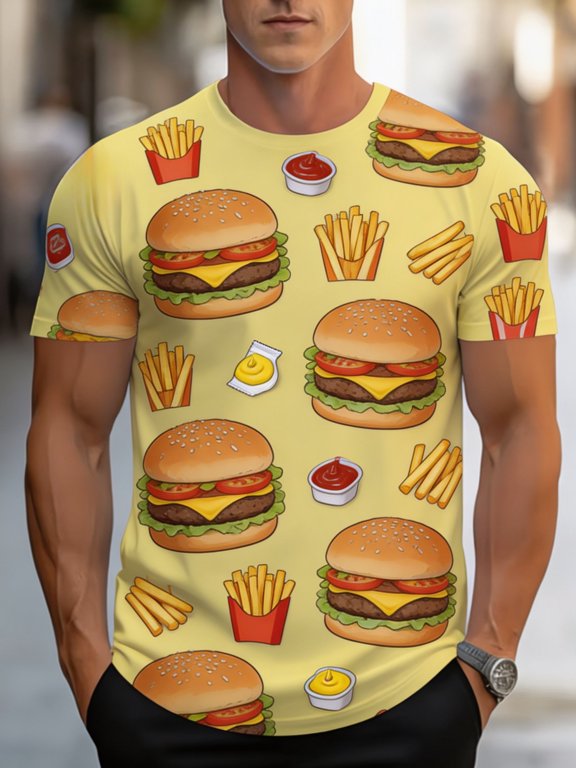 Fun burger fries full of T-shirts, American fast food elements, cute and funny casual yellow large size men's short-sleeved T-shirt, fattened and enlarged loose version men's top