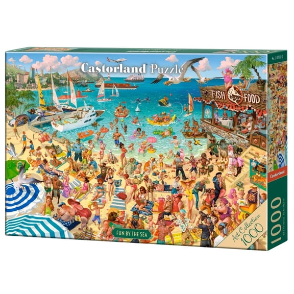 1000 Piece Jigsaw Puzzle, Fun by the Sea, Art Collection, Tropical Beach Resort Chaos, Humorous Summer Vacation Scene, Adult Puzzle, Castorland C-105151-2