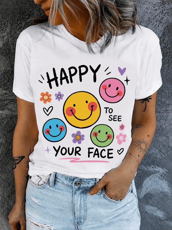 Fun cartoon print T-shirt, "Happy to See Your Face" T-shirt, teacher life T-shirt, teacher appreciation gift