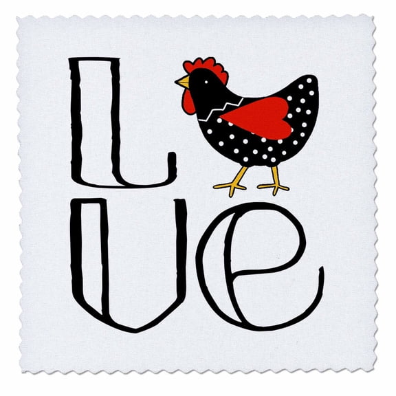3dRose, Fun cool word LOVE with a cute cartoon polka dot chicken as the O, 10x10 inch quilt square