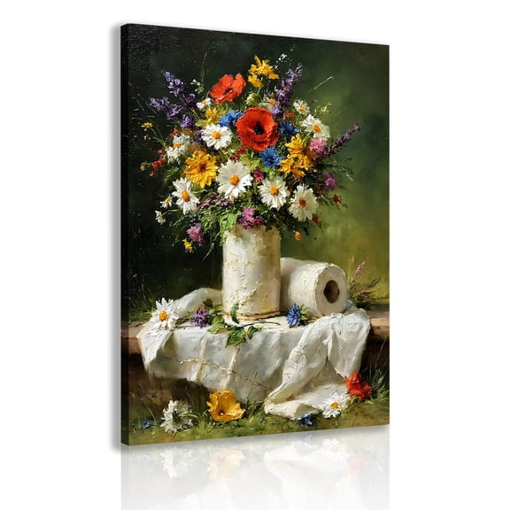 Fun floral toilet paper canvas wall art, toilet paper floral poster print art, vibrant wildflower bouquet still life painting, suitable for bathroom and shower home décor.