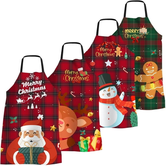 FunChaos 4 Pack Christmas Kitchen Aprons for Women Men, Adjustable Cooking Chef Aprons Waterproof Bib Aprons Cute Xmas Party Gift
