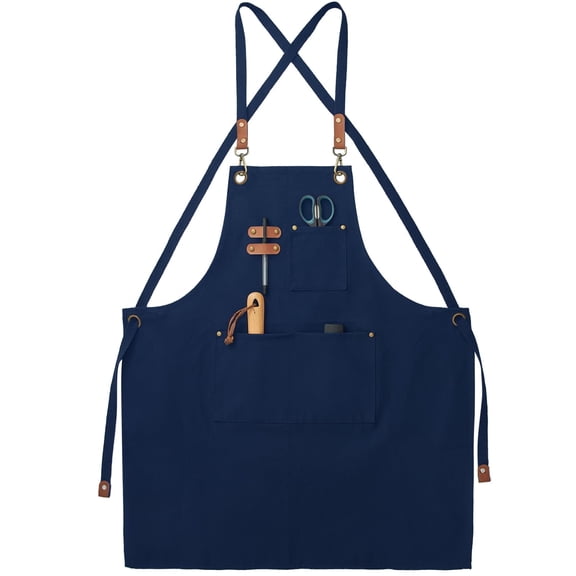 FunChaos Canvas Chef Aprons for Men Women, Adjustable Strap Aprons with 3 Pockets for Kitchen Grilling, Cooking, Blue