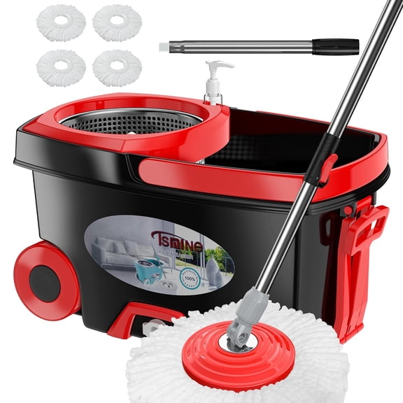 FunClean 360 Spin Mop and Bucket Set with Wringer, 4 Extra Microfiber Heads, 61" Extended Handle for Effortless Floor Cleaning, 2X Wheel Design - Black