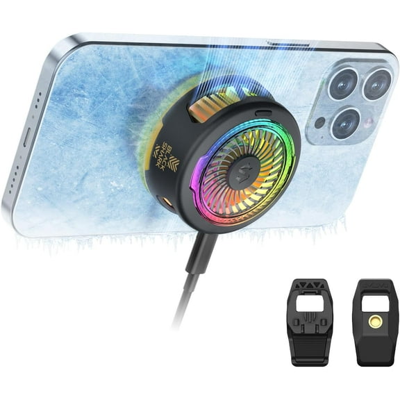 FunCooler 5 Magnetic Cell Phone Cooler for Gaming, Portable Mobile Cooling Fan with RGB Light, Cellphone Radiator iPhone Series/Android/Tablet/iPad (Black)