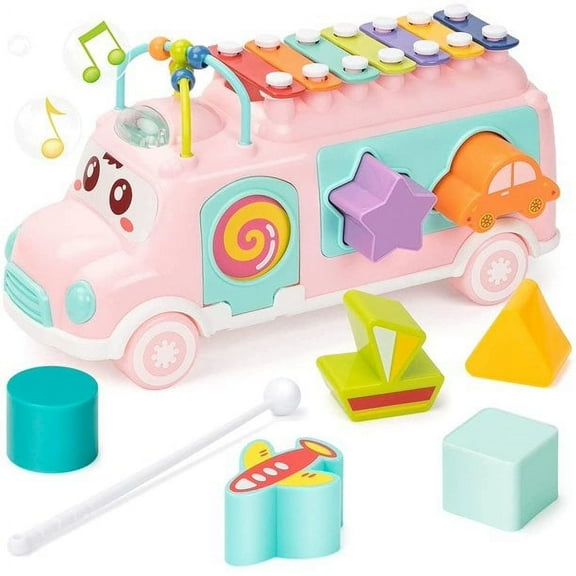 Piano Music Bus Baby Toys for 1-3 Years Old, Shape Puzzles Knocking Piano Toys Educational Gifts for 1 Year Old Boy Girl, Pink