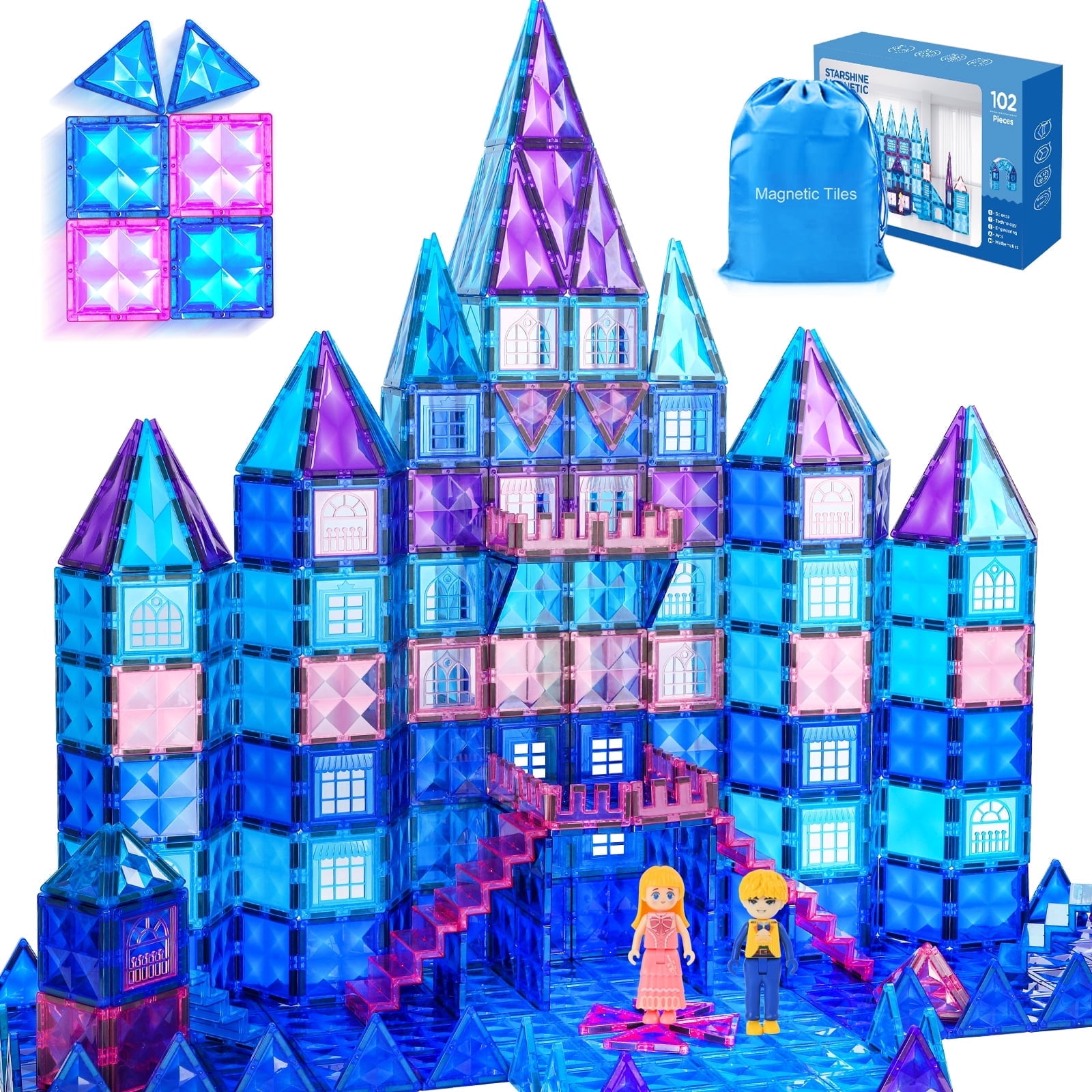 FunMagic 102pcs Magnetic Tiles - 3D Diamond Building Blocks for Pretend Play, Magnetic Toys Birthday Gifts for Your Kids