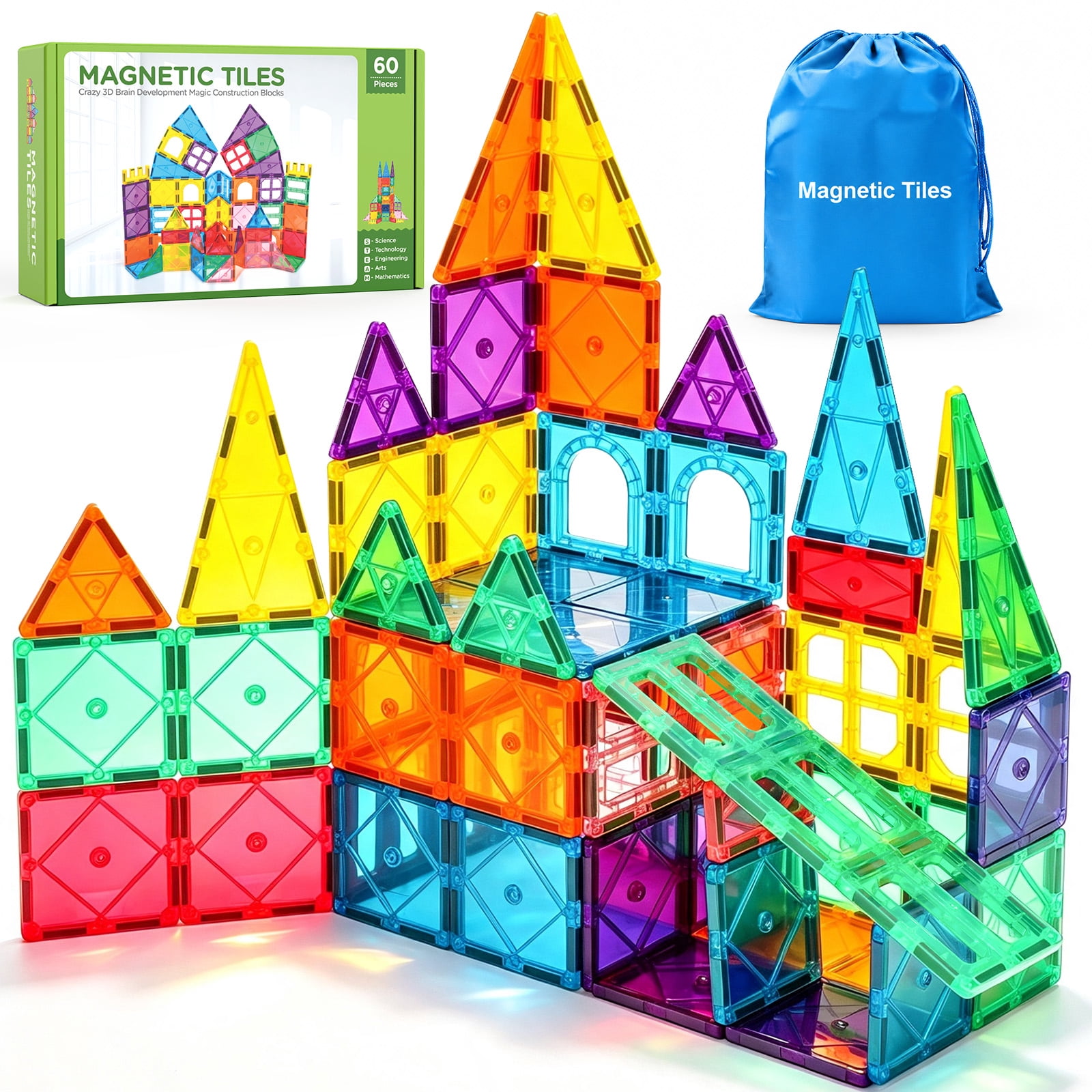 FunMagic Magnetic Tiles, 60pcs Magnetic Blocks for Kids, Magnet Building Set,STEM Sensory Educational Toys Gift for Toddlers Kids 3 4 5 6 7 8 Year Old