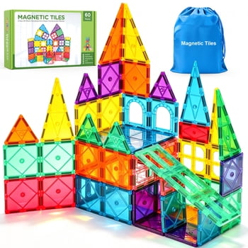 FunMagic Magnetic Tiles, 60pcs Magnetic Blocks for Kids, Magnet Building Set,STEM Sensory Educational Toys Gift for Toddlers Kids 3 4 5 6 7 8 Year Old