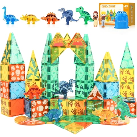 FunMagic Magnetic Tiles Dinosaur Toys 3D Movable Dino Blocks for Kids Toddler Outdoor Sensory Toys, Educational Building Blocks for Boys Girls